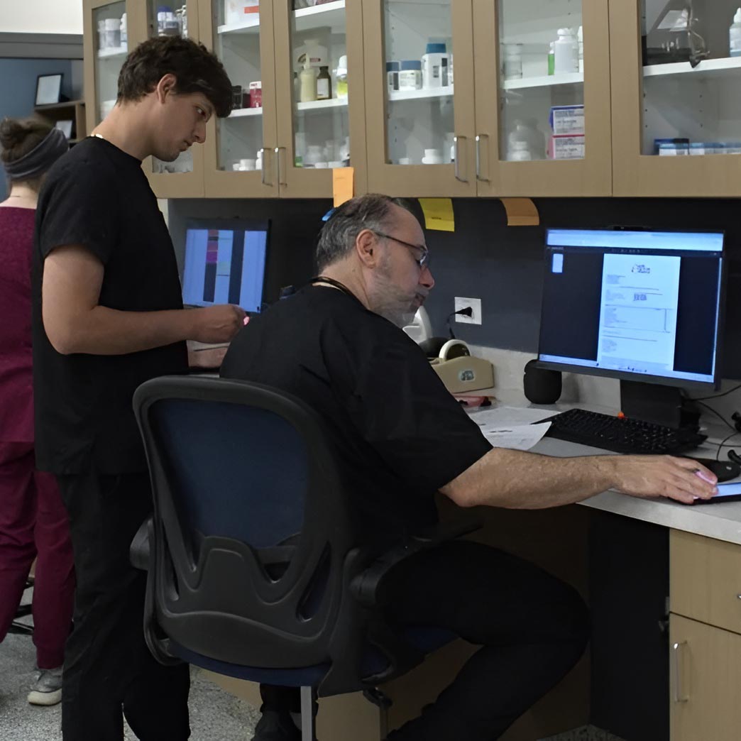veterinarian and kennel assistant view the schedule on a computer
