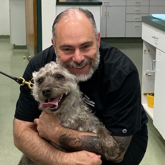 smiling male veterinarian hugging a dog