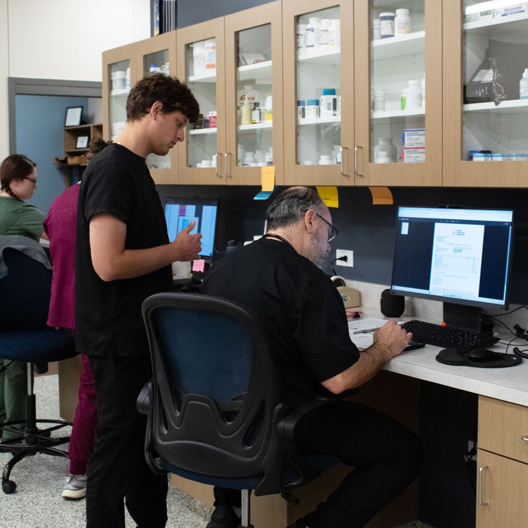 two male veterinarians discussing something